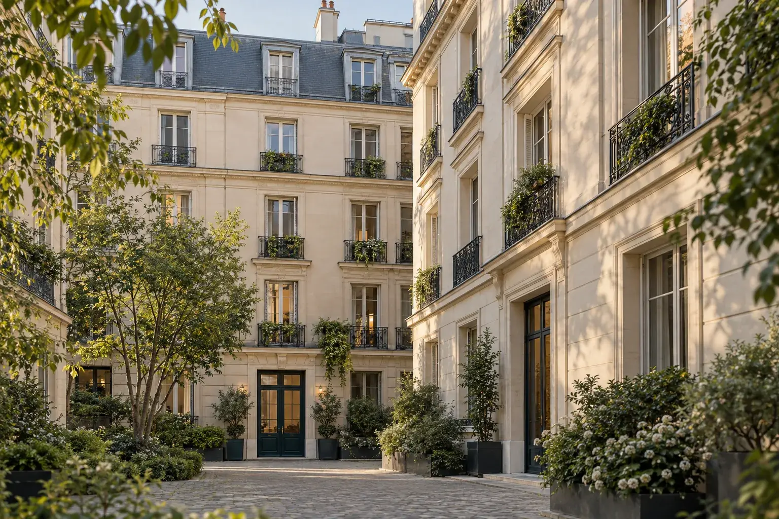 Cour intérieure d’une copropriété parisienne aux façades rénovées et balcons végétalisés
