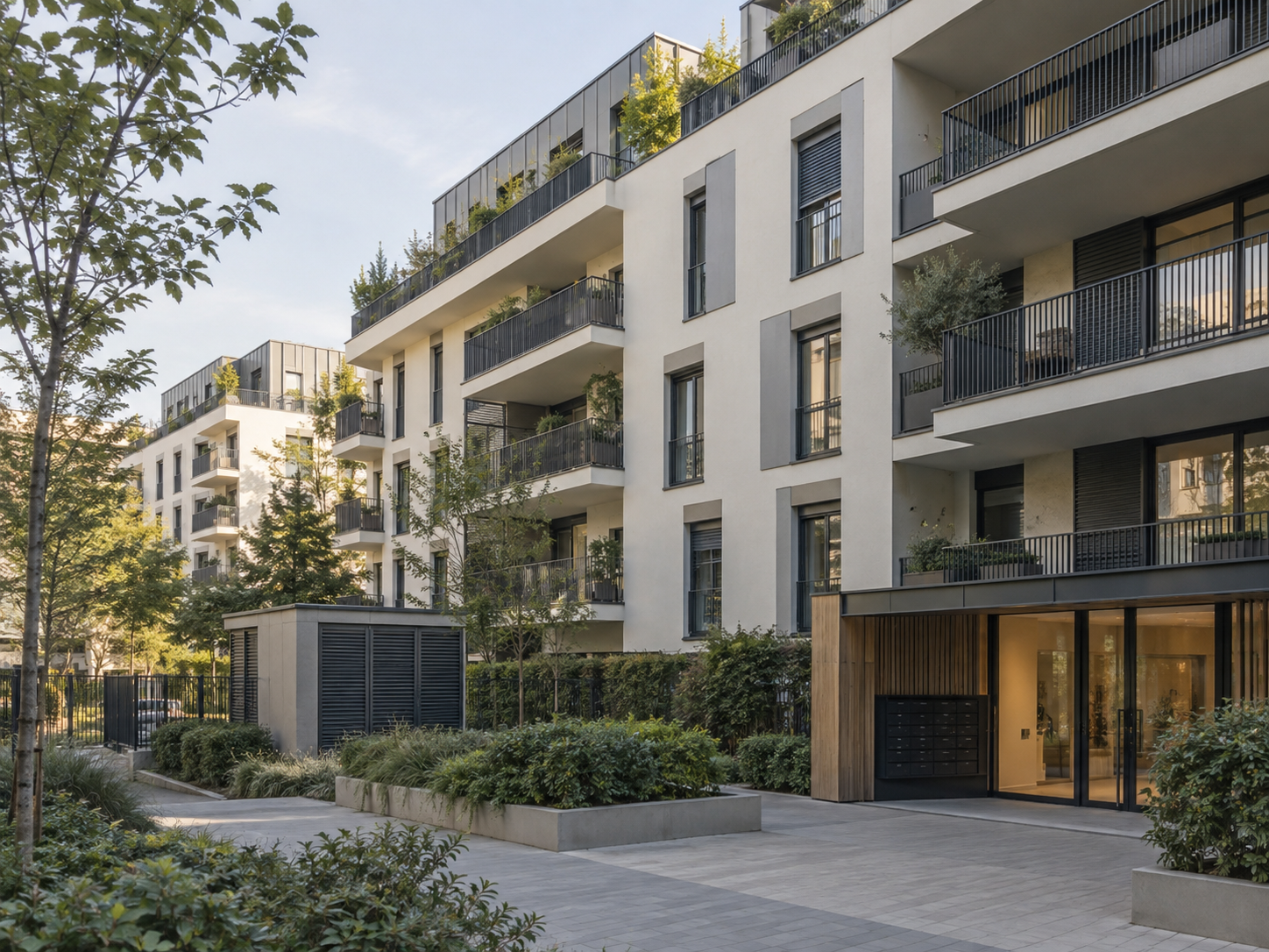 Résidence collective française rénovée avec isolation extérieure et végétation